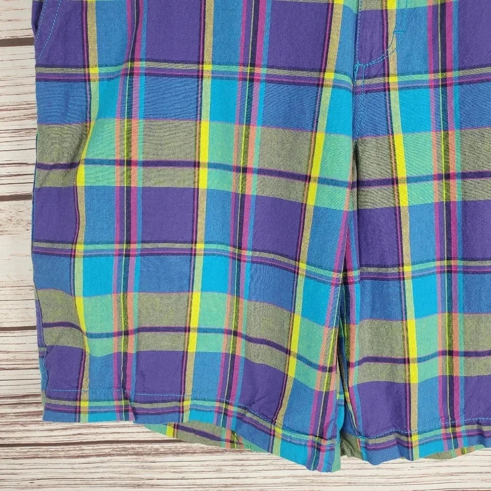 IZOD Mens Size 36x10 Blue/Green/Yellow/Purple Vibrant Plaid Cotton Golf Shorts - Picture 5 of 11